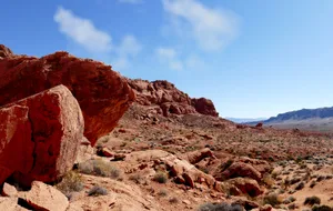 Red sandstone formations and desert basin at Valley of Fire State Park in Nevada